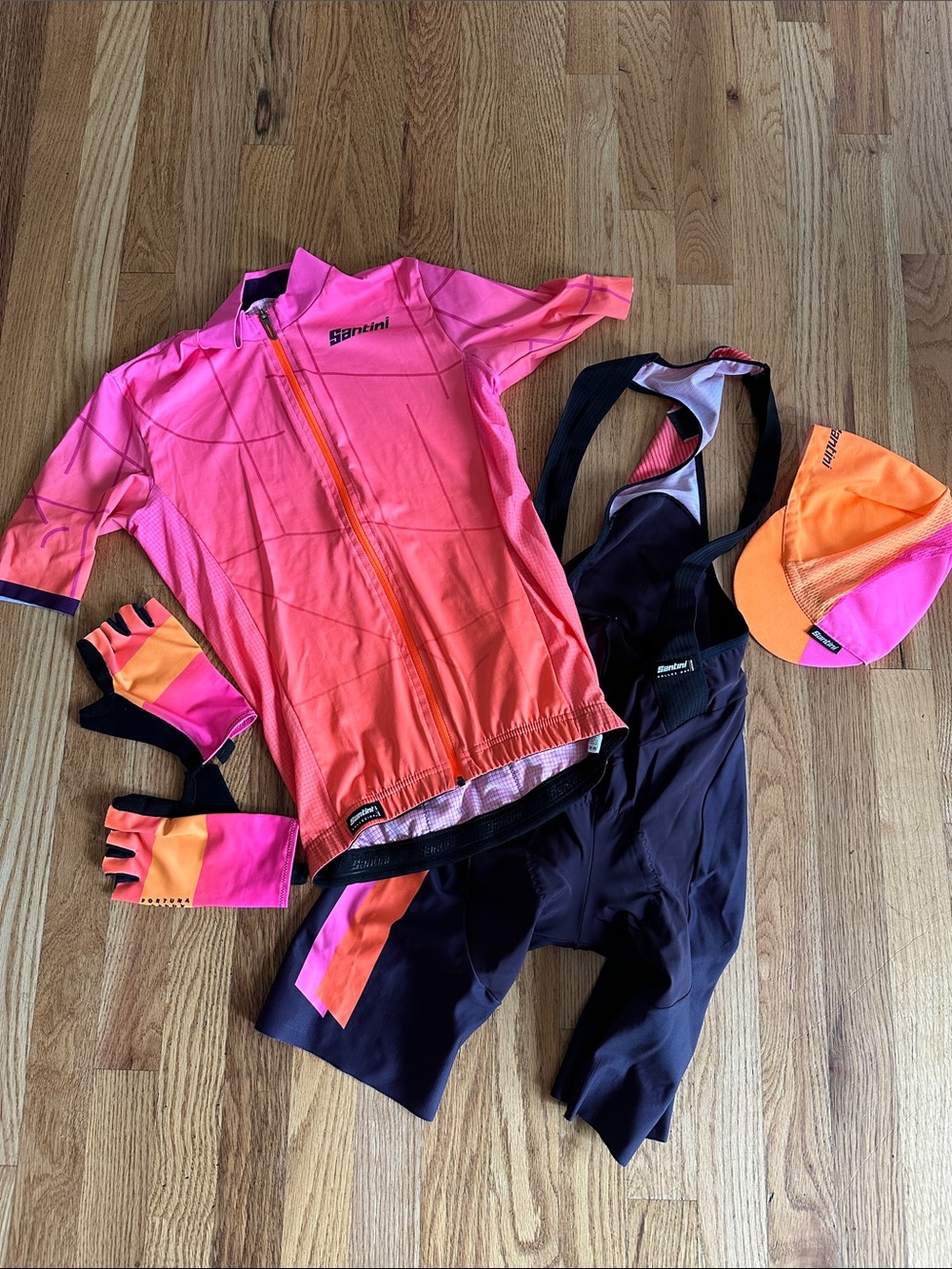 Santini Men’s Pink-Orange Cycling Jersey & Bib Shorts Set